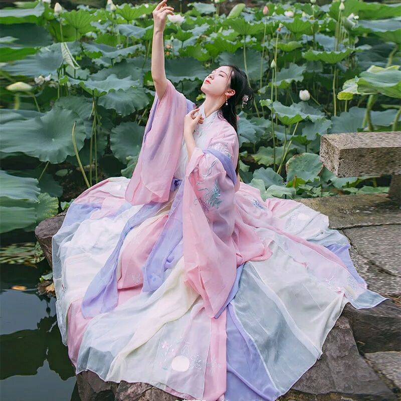 粉紅齊腰襦裙?jié)h服，魏晉風(fēng)大袖衫彩虹裙圖片