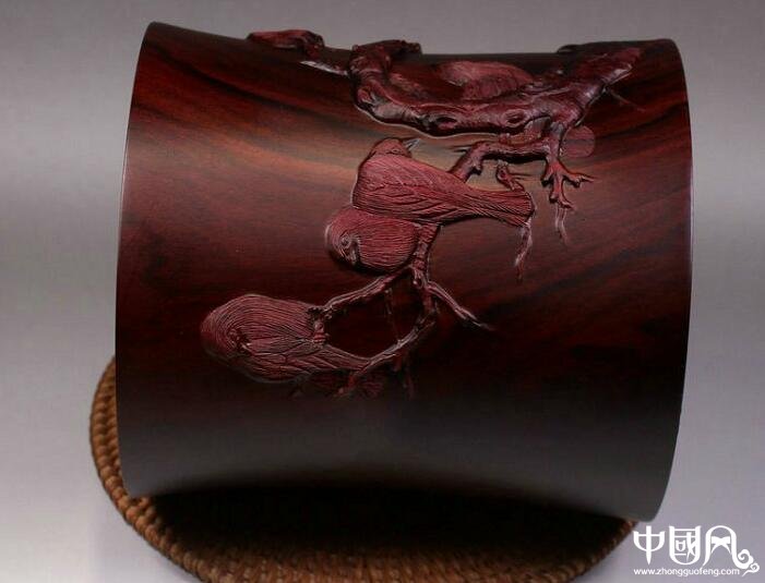 寒鵲圖筆筒紫檀木雕刻，紅木木質(zhì)實木筆筒