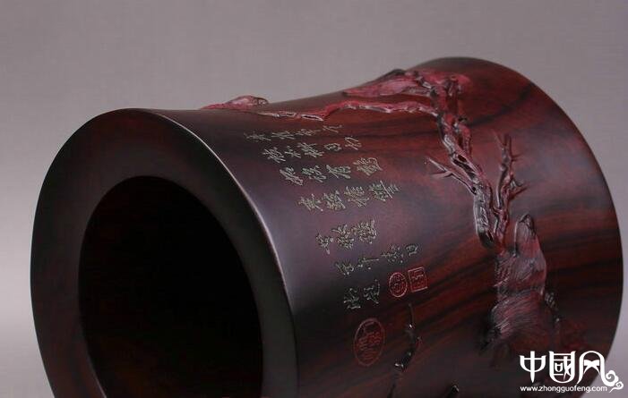 寒鵲圖筆筒紫檀木雕刻，紅木木質(zhì)實木筆筒