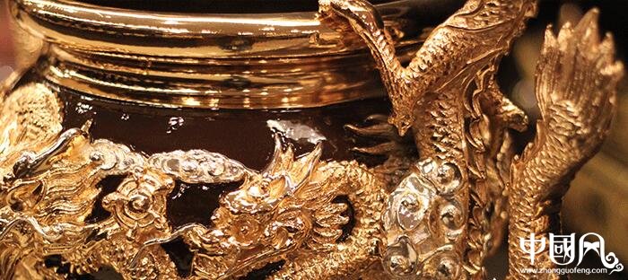 純銅鎏金雙龍香爐，雙耳龍香爐盤香爐