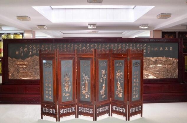 迎客松大廳實(shí)木擺件高檔屏風(fēng)