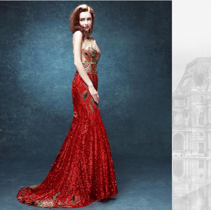 夏季魚尾性感一字肩復(fù)古刺繡中式禮服