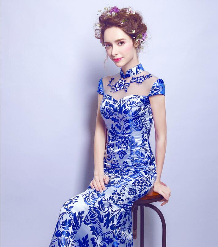 家佳樂文學(xué)青花瓷魚尾旗袍中式禮服