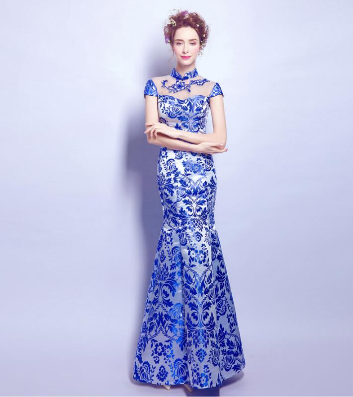 家佳樂文學(xué)青花瓷魚尾旗袍中式禮服