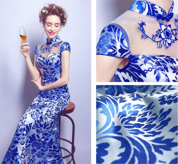 家佳樂文學(xué)青花瓷魚尾旗袍中式禮服