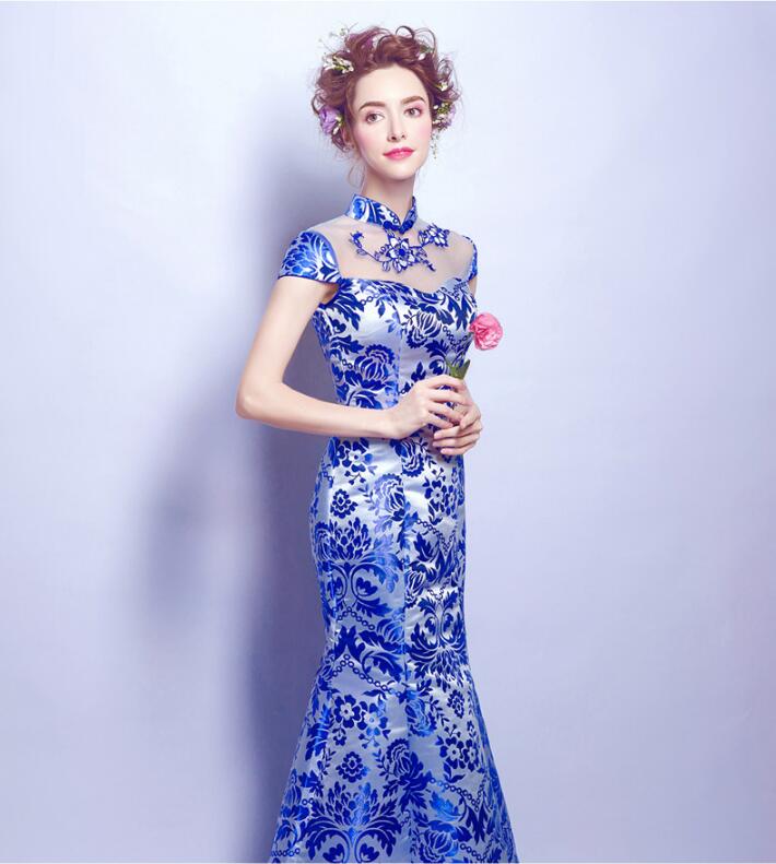 家佳樂文學(xué)青花瓷魚尾旗袍中式禮服