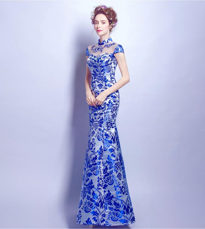 家佳樂文學(xué)青花瓷魚尾旗袍中式禮服
