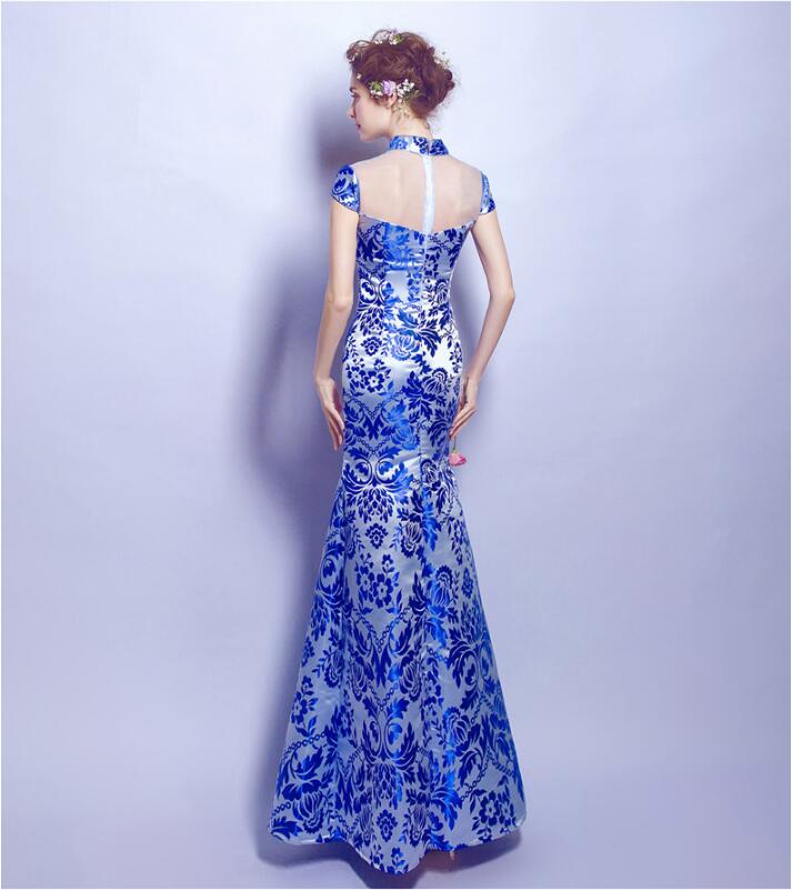 家佳樂文學(xué)青花瓷魚尾旗袍中式禮服