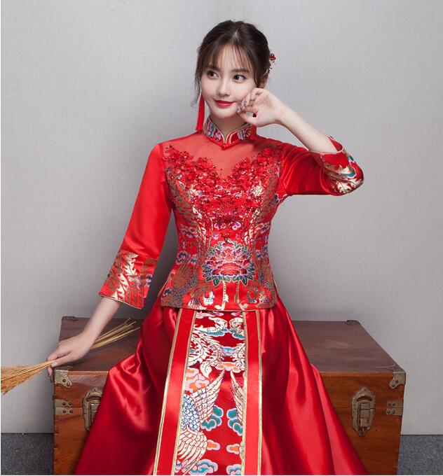 中式立領(lǐng)盤(pán)扣中國(guó)紅錦緞中式禮服