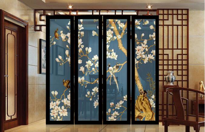 實木中式胡桃木半透明紗質(zhì)屏風