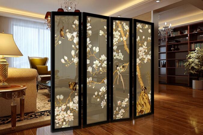 實木中式胡桃木半透明紗質(zhì)屏風