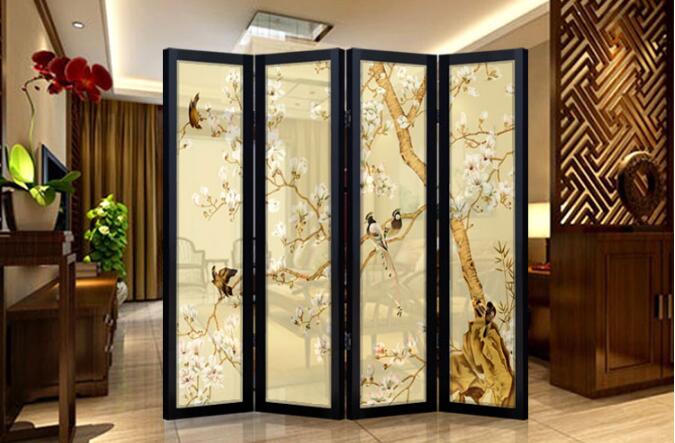 實木中式胡桃木半透明紗質(zhì)屏風