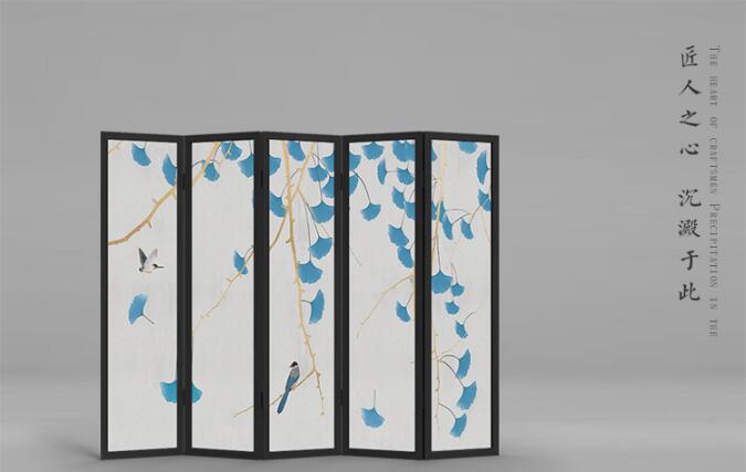 新中式屏風(fēng)實木折屏銀杏花鳥屏風(fēng)