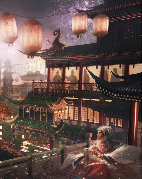 繪本中的亭臺樓閣古風(fēng)插畫圖片