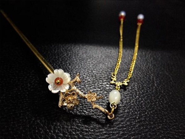 銅鍍金樹枝貝殼花古典家佳樂文學(xué)流蘇簡約簪