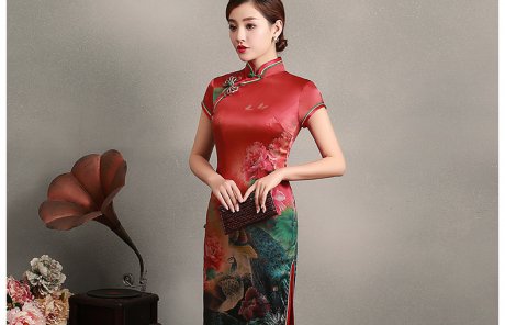 花團(tuán)錦簇短袖旗袍，蠶絲印花旗袍裙