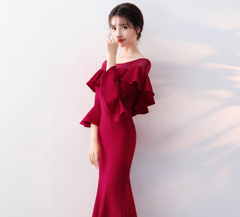 優(yōu)雅喇叭袖中式禮服，時(shí)尚魚(yú)尾晚禮服