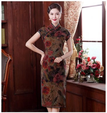 復(fù)古手工盤扣短袖旗袍，蠶絲印花旗袍裙