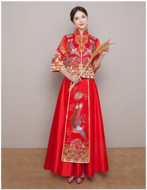 牡丹鳳凰刺繡新娘禮服，唯美中式禮服