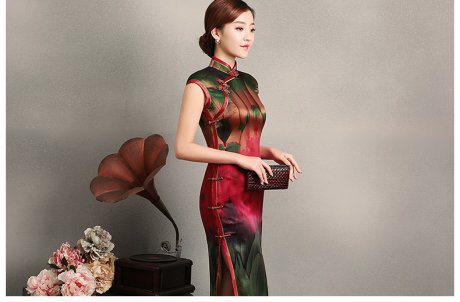 嬌艷短袖旗袍，蠶絲香林旗袍裙