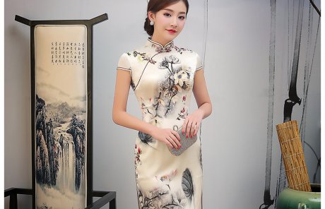 淡黃色印花旗袍，復(fù)古短款旗袍裙