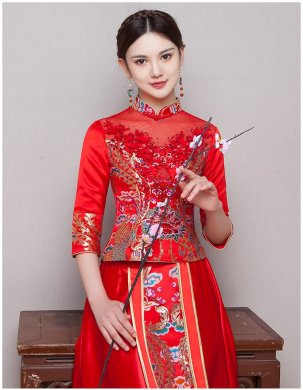 古典華麗新娘禮服，復(fù)古蕾絲中式禮服