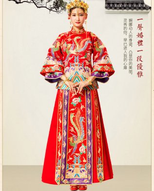 花開(kāi)富貴中式禮服，多彩刺繡新娘禮服