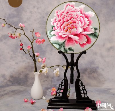 古典家佳樂(lè)文學(xué)牡丹繡花手工刺繡團(tuán)扇