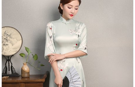 淡綠色青香印花旗袍，真絲中袖旗袍裙