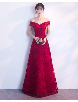 一字肩中式禮服，甜美蕾絲花晚禮服