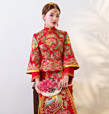 唯美家佳樂文學(xué)中式禮服，鳳牡丹刺繡新娘禮服