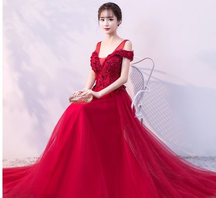 優(yōu)雅雙肩中式禮服,家佳樂(lè)文學(xué)立體繡花晚禮服