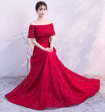 優(yōu)雅一字肩中式禮服,家佳樂文學(xué)晚禮服