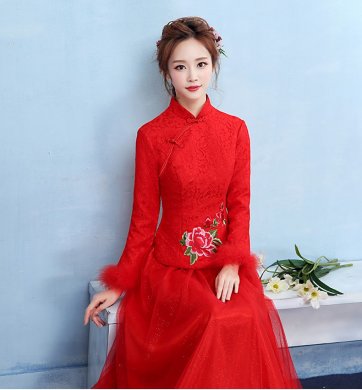 牡丹繡花中式禮服，家佳樂(lè)文學(xué)保暖晚禮服