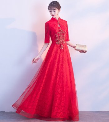 典雅氣質(zhì)中式禮服，網(wǎng)紗蕾絲晚禮服