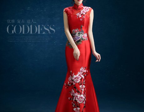 時(shí)尚復(fù)古禮服裙，迷人長(zhǎng)款中式禮服