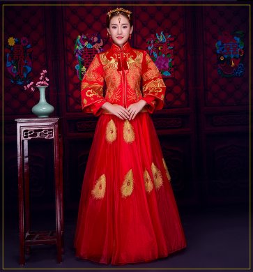 羽毛繡花蕾絲裙新娘禮服，時(shí)尚中式禮服