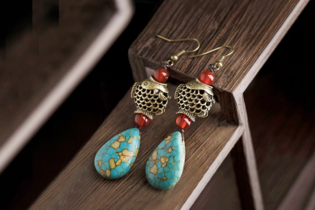 魚水滴形松石耳環(huán)，古典復(fù)古風(fēng)首飾