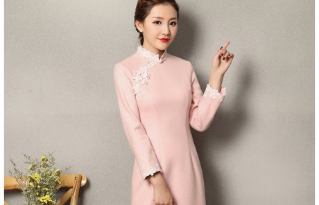 粉色蕾絲花邊旗袍，清純淑女旗袍裙