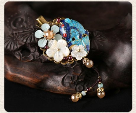 貝殼花朵流蘇小發(fā)夾，古風(fēng)藍(lán)魚兒發(fā)夾頭飾