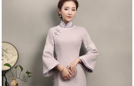 淺紫色花邊旗袍，簡(jiǎn)潔大氣的旗袍裙