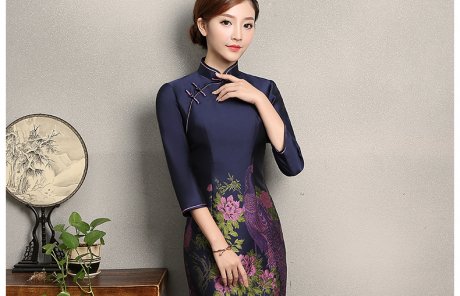 寶藍(lán)色孔雀提花旗袍，復(fù)古中式旗袍裙