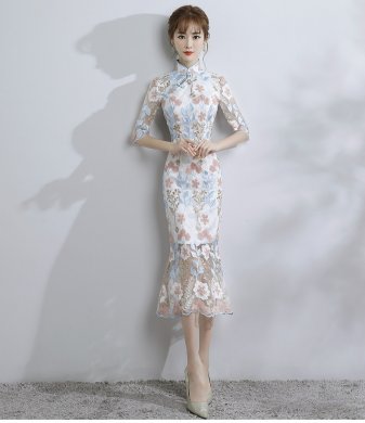 時(shí)尚氣質(zhì)淑女旗袍，改良蕾絲魚尾旗袍裙