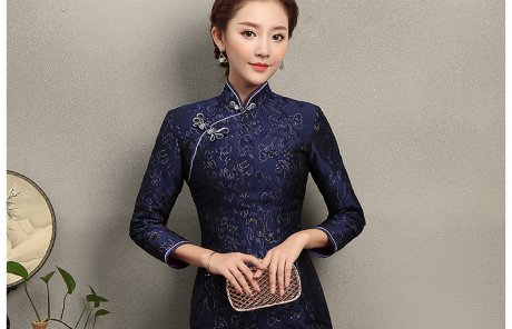 藍(lán)思印花中長(zhǎng)款旗袍，端莊大氣旗袍裙