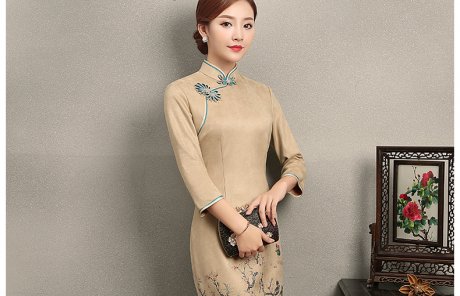 黃色印花相依旗袍，復(fù)古民族風(fēng)旗袍裙