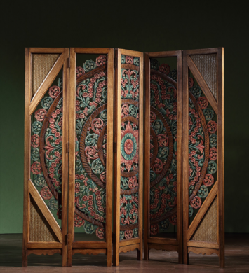 中式復古實木隔斷屏風，彩繪木質手工雕花屏風