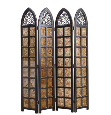實(shí)木鏤空玄關(guān)折屏，新古典復(fù)古彩繪玻璃屏風(fēng)