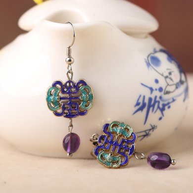 古典景泰藍耳環(huán)，紫水晶吊墜耳環(huán)首飾