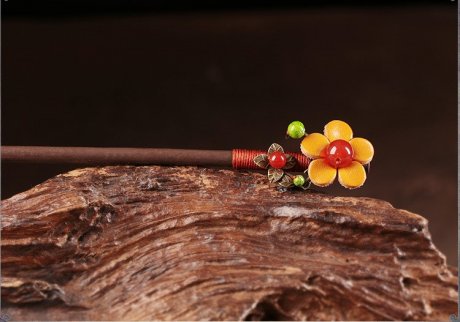 亮黃色花朵發(fā)簪，古風(fēng)古風(fēng)盤發(fā)木簪子頭飾
