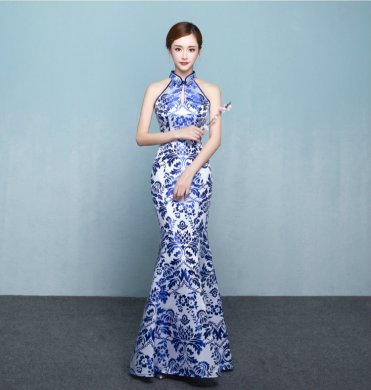 中式青花瓷旗袍禮服，時(shí)尚復(fù)古旗袍裙